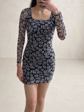 Shein Navy Floral Bodycon Dress | Long Sleeve Mesh | XS